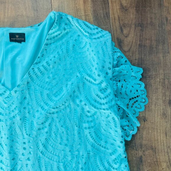 Worthington Turquoise Lace Shift Dress with Flutter Sleeves | Size Large - Picture 3 of 8